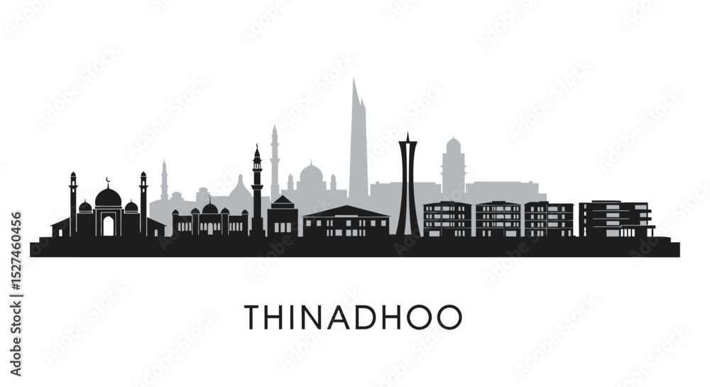 Fototapeta premium Thinadhoo Maldives Skyline Silhouette Vector.