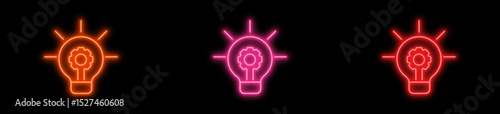 Bright neon lightbulb with gear icon set, glowing symbols for creative ideas, technological innovation, and optimized solutions on a black background vector illustration.