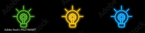 Vibrant neon lightbulb with gear icon set, glowing symbols for innovative ideas, technical solutions, and efficient process development on a dark background vector
