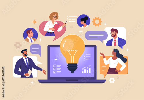 Online Business Concept. Vector cartoon illustration of a group of diverse people discussing an idea on a laptop monitor via video link. Isolated on background.