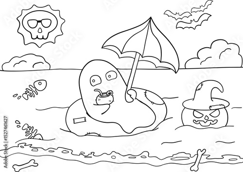 Ghost sunbathing at sea with umbrella and spooky pumpkin wearing witch hat, skeleton fish and bones in water, bats flying in sky