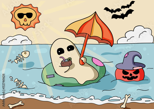 Ghost sunbathing at sea with umbrella and drink, spooky pumpkin with witch hat floating nearby, sunny sky with bats and skull sun