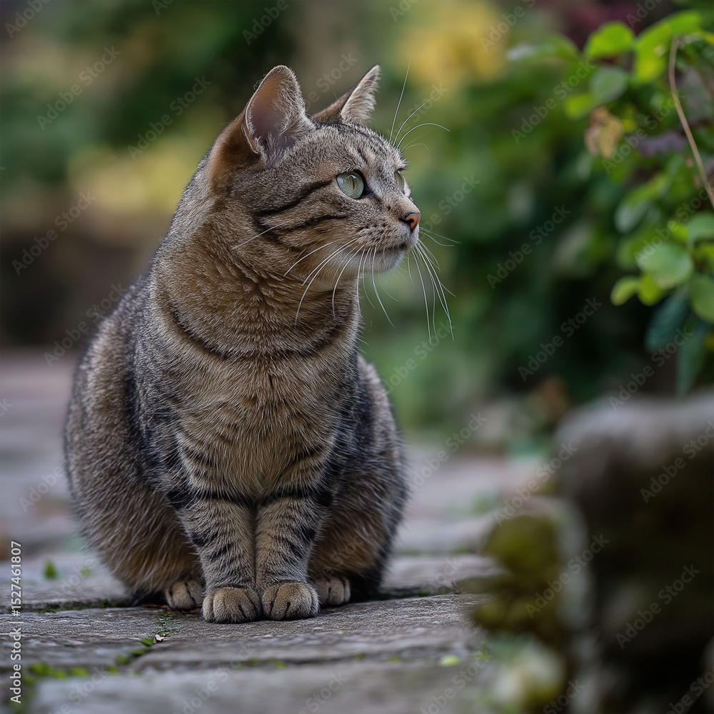 Fototapeta premium A tabby cat sits gracefully on a stone path, gazing intently into the distance, surrounded by lush green foliage.