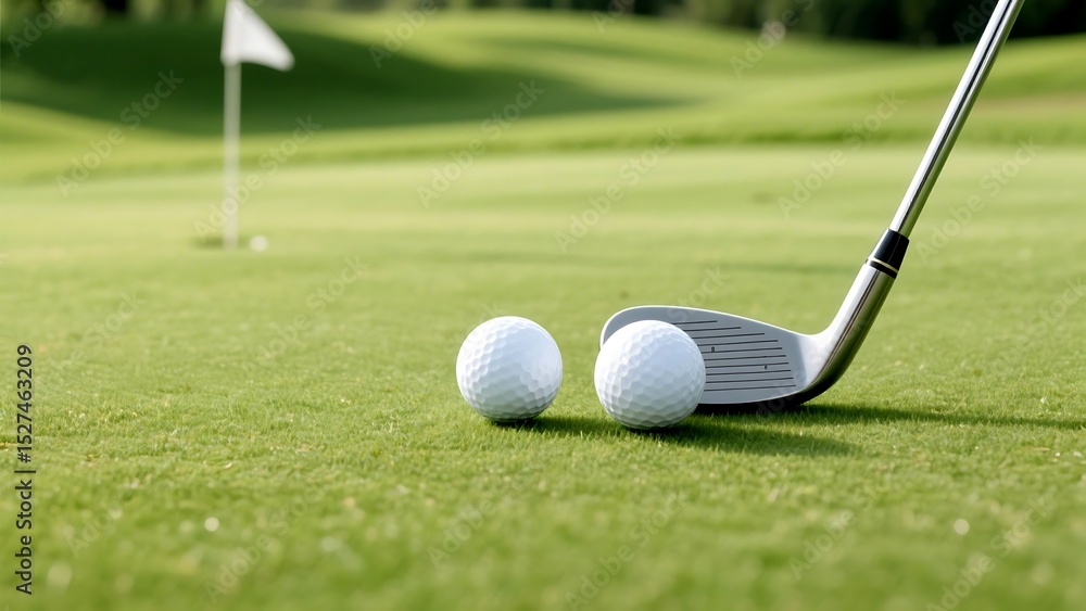 Obraz premium Two golf balls await the iron on a lush green course, flag waving gently in the distance