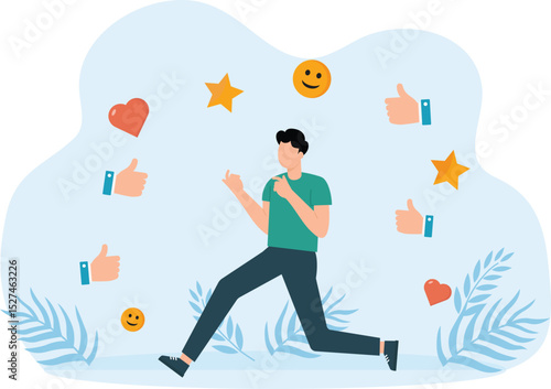 Appreciate high performance employee and good job or praising success staff, recognition or congratulation concept, businessman with appreciation thumbs up applause, stars and trophy.
