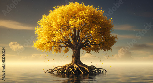Golden Tree of Life Floating in Tranquil Waters – Surreal Fantasy Landscape