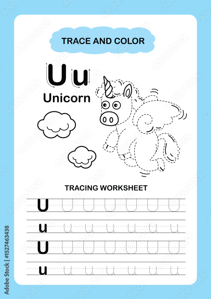 Obraz premium Illustration Isolated Animal Alphabet Trace and color Letter U-Unicorn