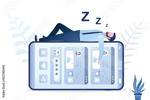 Tired user sleeps on mobile phone with social media on screen. Fatigue, stress and dependence on social networks and Internet. Need digital detox. Burnout, frustration