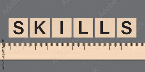 Ruler measuring skills level. Wooden labels and ruler. Motivation saying, banner template. Improve skills, speed up your learning.