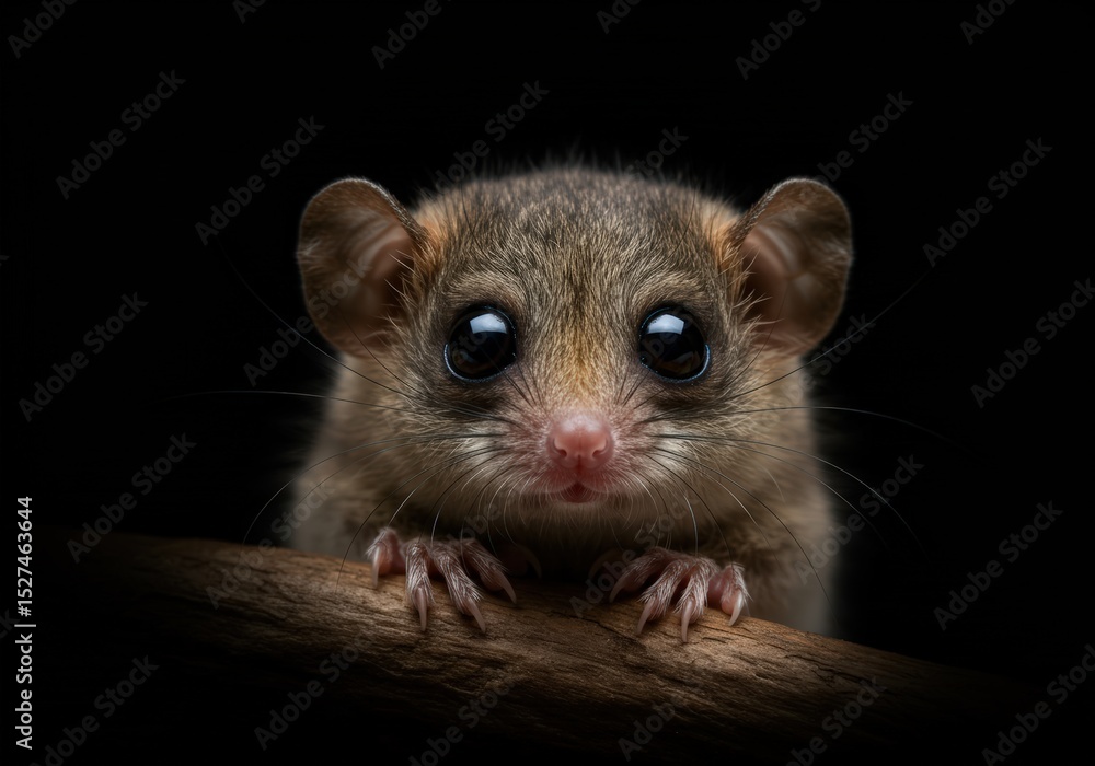 Small rodent with large eyes on a branch looking at camera on a black background. Wild animal portrait. Wildlife concept. Small rodent with large eyes on a branch looking at camera on a black background. Wild animal portrait. Wildlife concept.