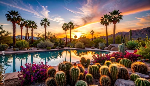 Desert Oasis Sunset: Palm Trees, Cacti, and Colorful Flowers Reflecting in Pool