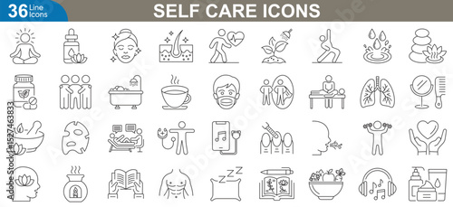 Self care icons set with editable stroke Collection of outline icons representing wellness, beauty, relaxation, hygiene, mental health, spa treatments, skincare routines and more.