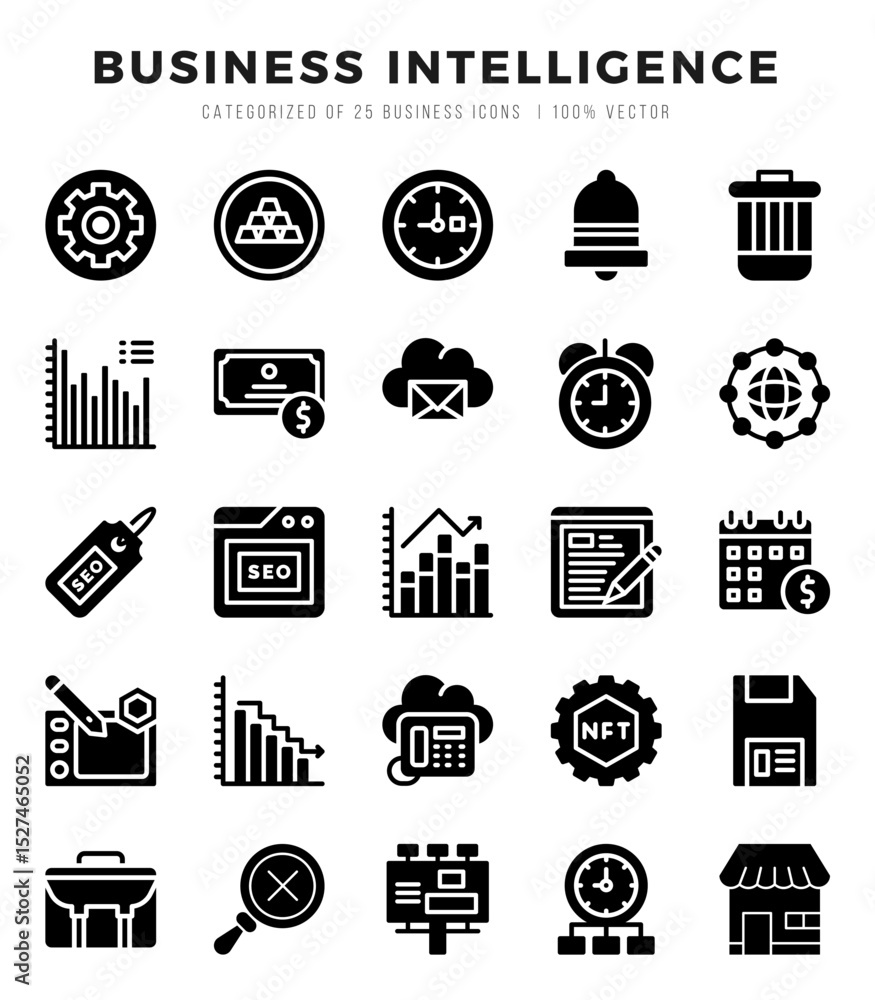 Business Intelligence Icons Pack Glyph Style. Vector illustration. Business Intelligence Icons Pack Glyph Style. Vector illustration.