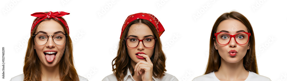 Fototapeta premium Diverse Young Woman Posing with Red Bandana and Glasses on Transparent Background