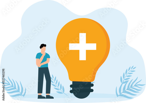 Positive thinking bring success to work and living, inspiration and happiness in work concept, businessman standing with bright lightbulb idea with positive sign.
