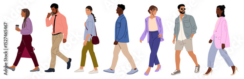Vector set of diverse business people in smart casual summer outfits, including African American men and women, walking side view. Professional characters isolated on transparent background.