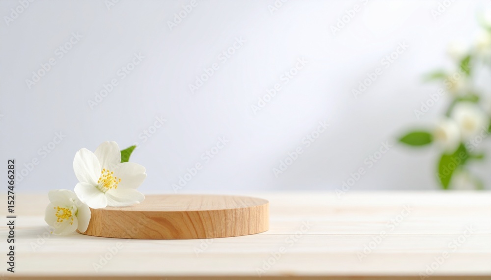 Fototapeta premium Elegant Wooden Display Stand with Jasmine Flowers Minimalist Product Presentation.