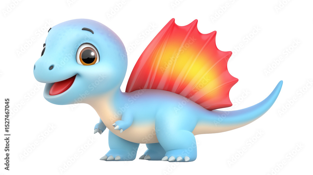 Fototapeta premium Adorable Blue Cartoon Dinosaur With Red Fin On Transparent Background