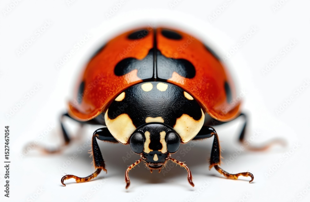 Fototapeta premium Close-up of a vibrant ladybug with distinctive spots. Red, orange and black colors. Insect, nature, entomology. Detailed macro shot showcases the beauty of ladybug. Isolated on a white background.
