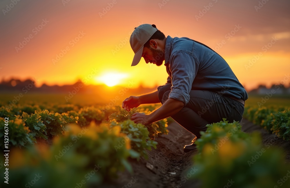 Fototapeta premium Agronomist inspects sugar beet plants sunset. Farmer examines crops, sunlight illuminates field. Healthy organic farming. Agricultural worker monitoring growth. Harvest season, eco-friendly