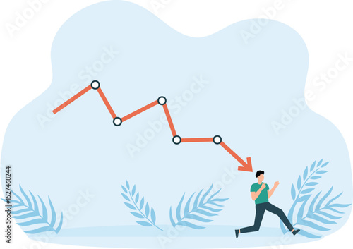 Business failure and economic recession or investment loss or stock market falling down, crisis or crash, investing risk or depression concept, failed businessman run away from falling down arrow char