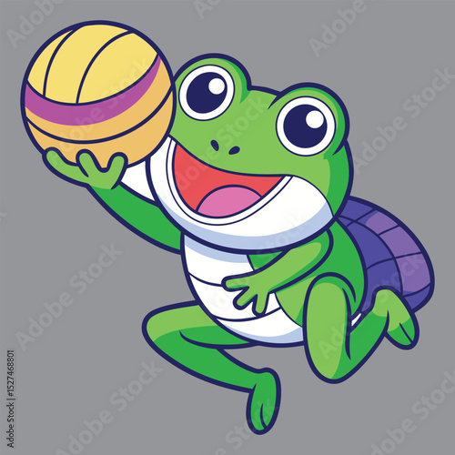 Happy frog-turtle hybrid slam dunks colorful basketball with joyful energy