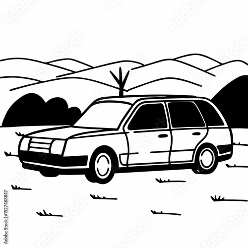 Station wagon in rolling hills landscape illustration