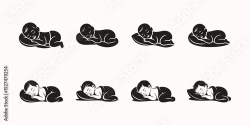 Adorable silhouettes of sleeping babies on pillows vector art illustration