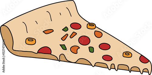 Slice of pizza with melted cheese and various toppings, colorful and appetizing illustration of classic fast food item