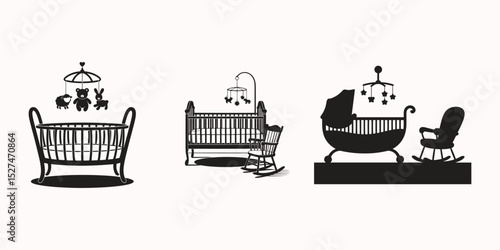 Silhouette Baby Cribs, Mobile and Rocking Chairs Vector Illustration