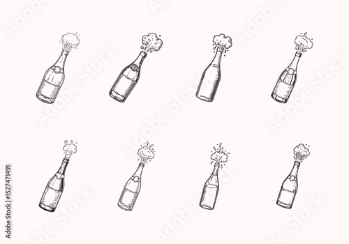 Set of hand drawn Alcohol with champagne foam bottle vector illustration for coloring page