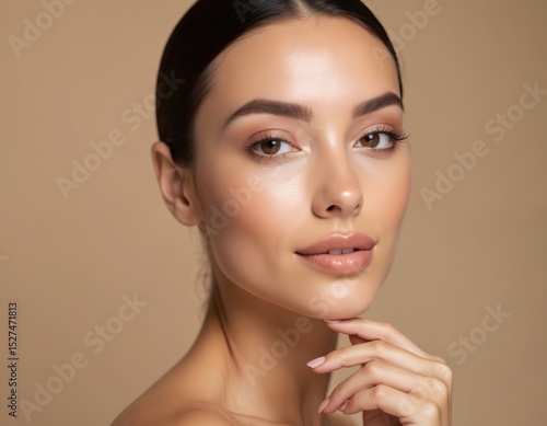 Close-up of young woman with natural makeup, smooth skin. Beauty portrait of attractive female with elegant touch. Model shows healthy glow. Perfect skin texture, soft shadows. Fashion, skincare,
