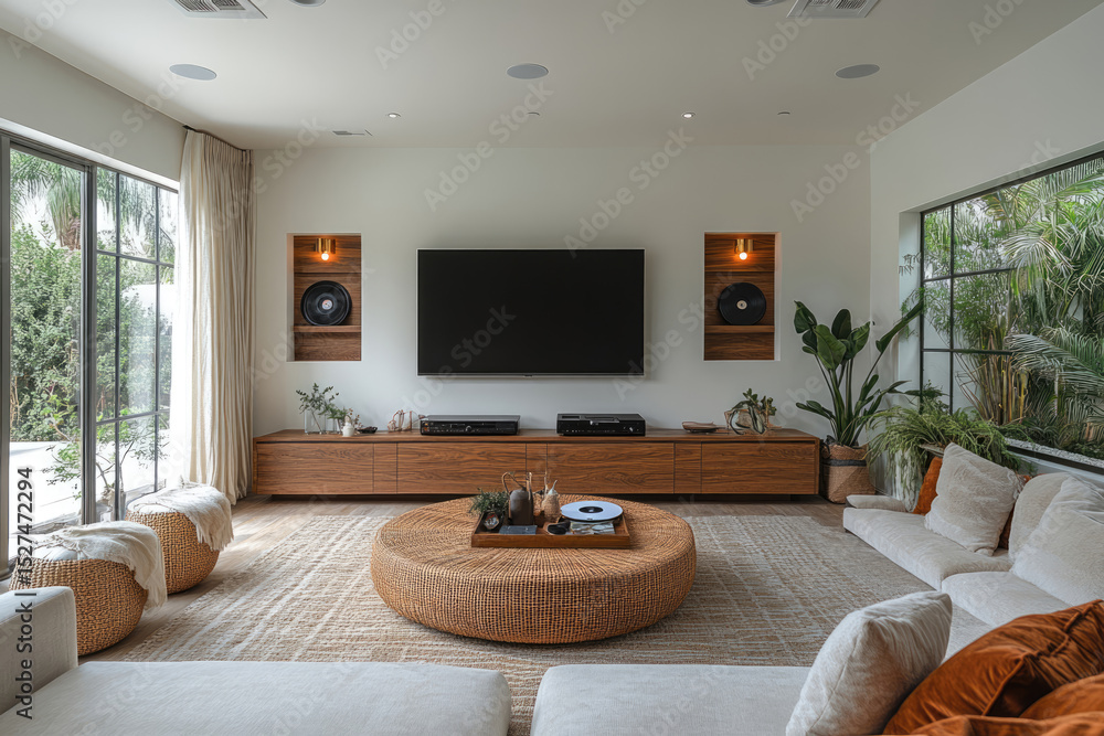 Warm Mid-century Living Room with Walnut Wood Accents Warm Mid-century Living Room with Walnut Wood Accents