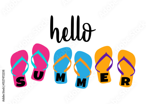 Vacaciones de verano. Logo flip flops. Texto hello summer en chanclas. 