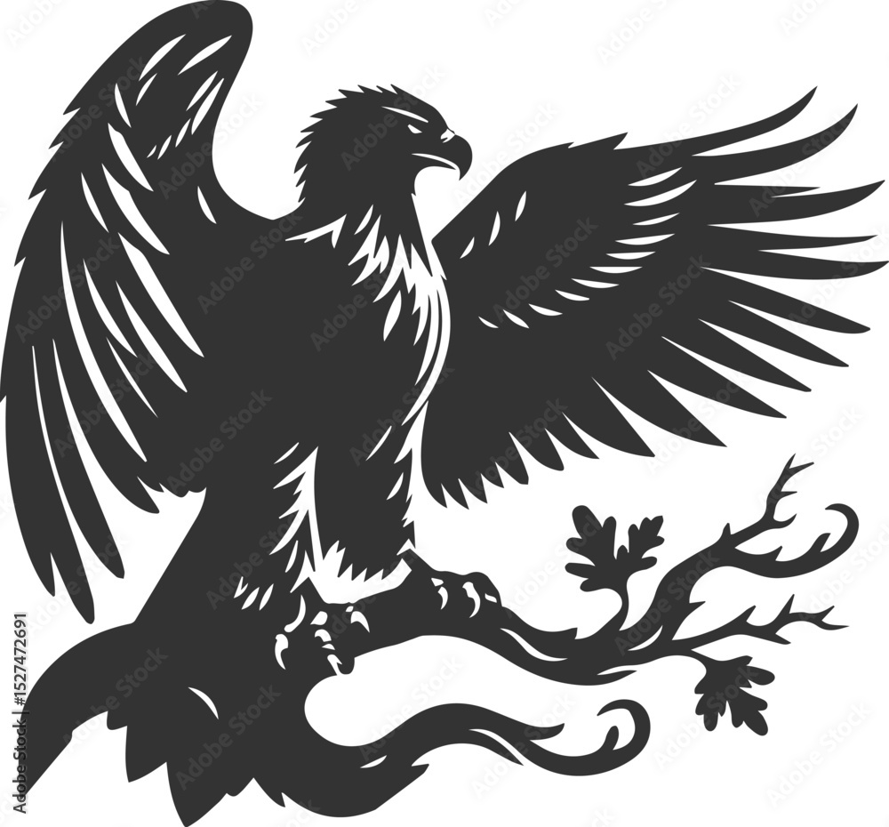 Obraz premium Forest tree with eagle wildlife bird vector drawing silhouette