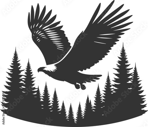 Forest tree with eagle wildlife bird vector drawing silhouette