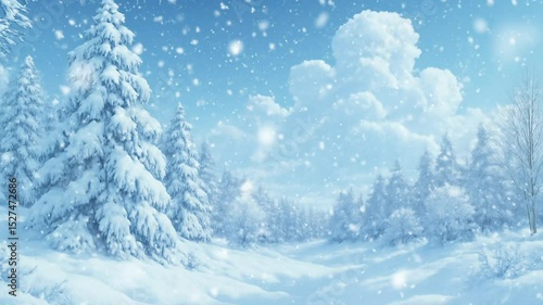 Winter landscape with falling snow amid quiet snowy pine trees in a serene environment. Loop animation