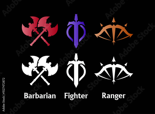 set of barbarian axe, fighter sword, ranger bow fantasy rpg game class role emblem badge icon