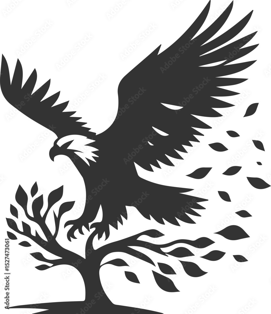Obraz premium Forest tree with eagle wildlife bird vector drawing silhouette