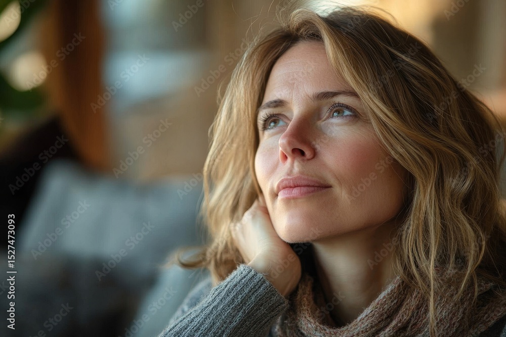 Woman at home lost in thought, reflecting on her day or life choices while sitting in a quiet space, contemplating the future with a peaceful demeanor, Generative AI Woman at home lost in thought, reflecting on her day or life choices while sitting in a quiet space, contemplating the future with a peaceful demeanor, Generative AI