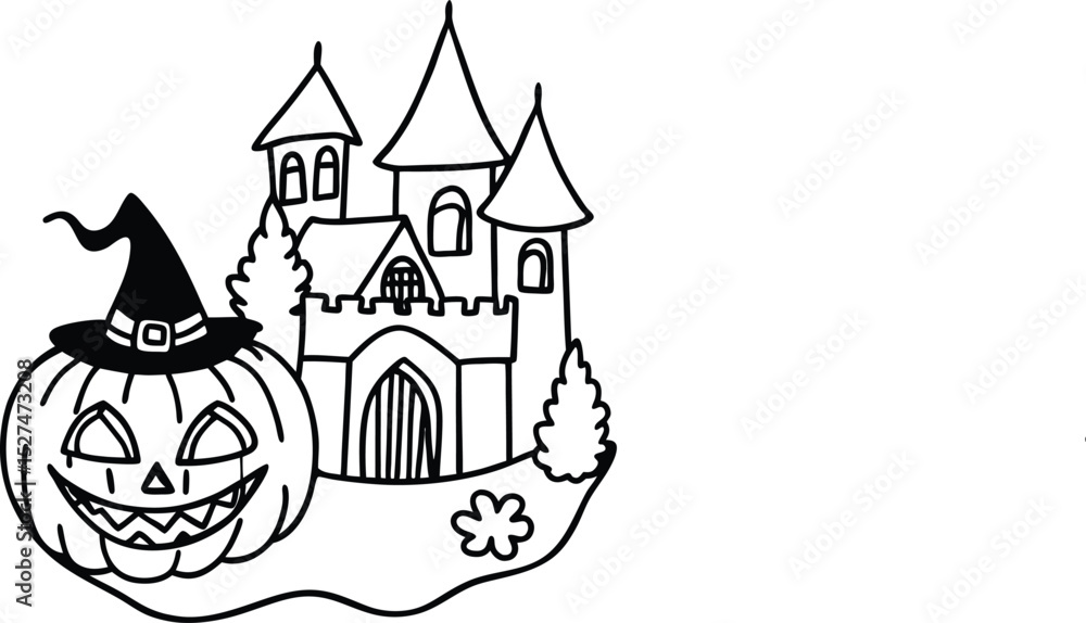 Fototapeta premium Classic Halloween Line Art with Enchanted Castle and Pumpkin
