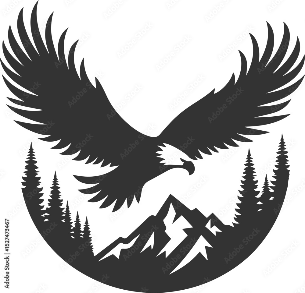 Fototapeta premium Forest tree with eagle wildlife bird vector drawing silhouette