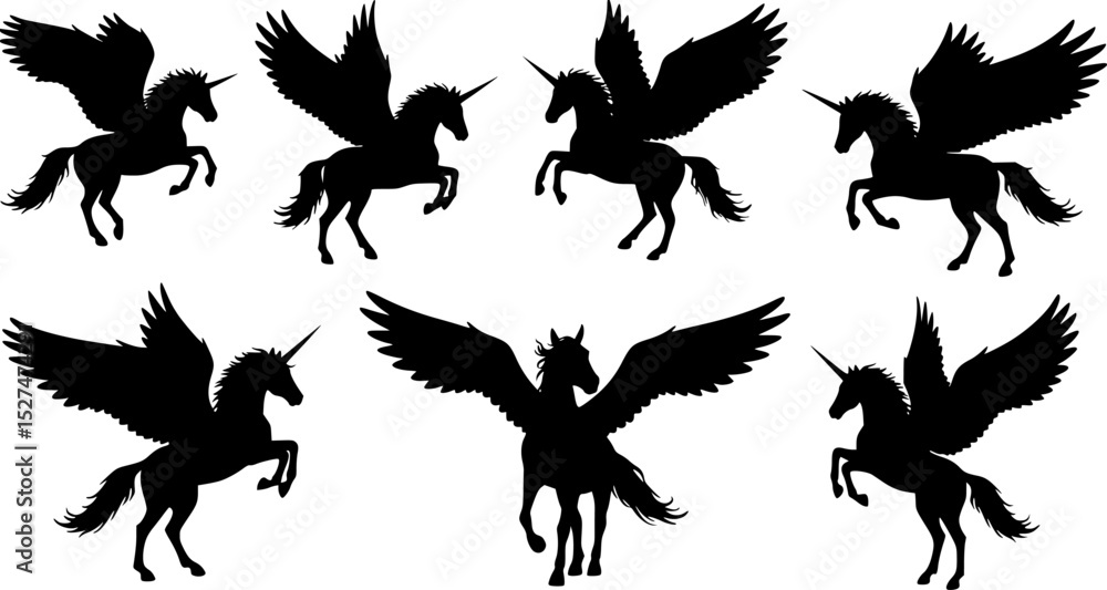 Fototapeta premium a set of black silhouettes of horses with wings and a horse, pegasus, flying mythical beasts, unicorns