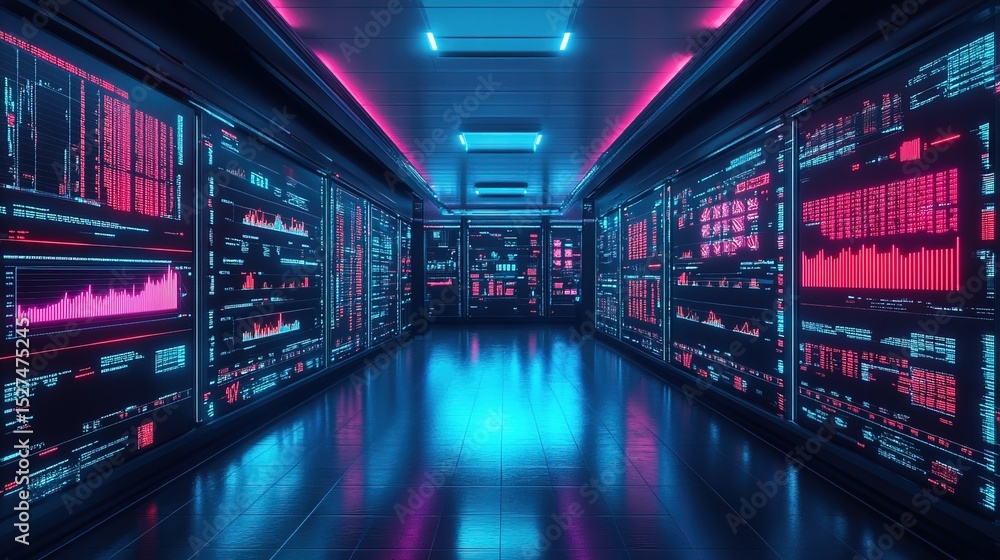 A neon-lit trading floor with AI assistants analyzing glowing market trends A neon-lit trading floor with AI assistants analyzing glowing market trends