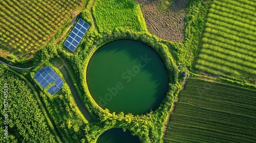Aerial shot of a sugarcane farm with solar panels, a large water tank, and well-maintained irrigation systems