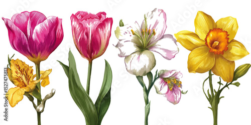 Four Carnations in Different Colors. Vibrant freesia blooms showcase their beauty with fragrant flowers against a clean white background,