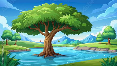 Lush green tree gracefully hanging over a calm river under a clear blue sky. Serene natural landscape conveying tranquility and peacefulness, vector illustration