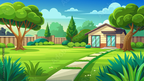 Freshly mown green lawn ideal for outdoor relaxation and leisure. Well-kept grass in a backyard or yard setting, creating a peaceful and inviting atmosphere, vector illustration