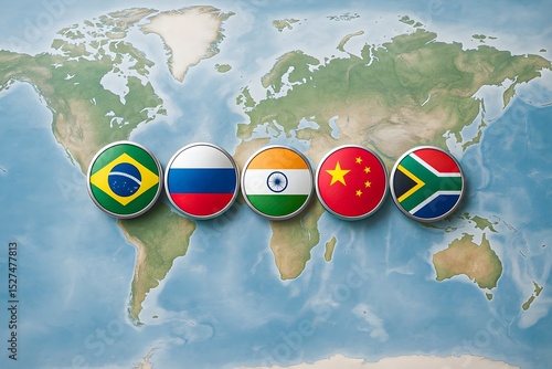 BRICS countries flags on world map Brazil Russia India China South Africa global economy emerging markets geopolitics international relations economic alliance cooperation trade development