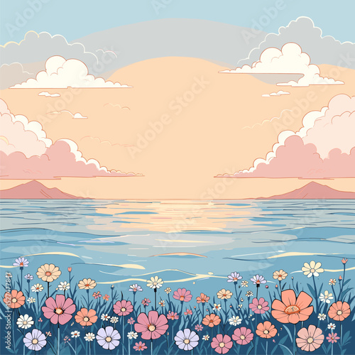 Serene Sunset Seascape with Blooming Wildflowers